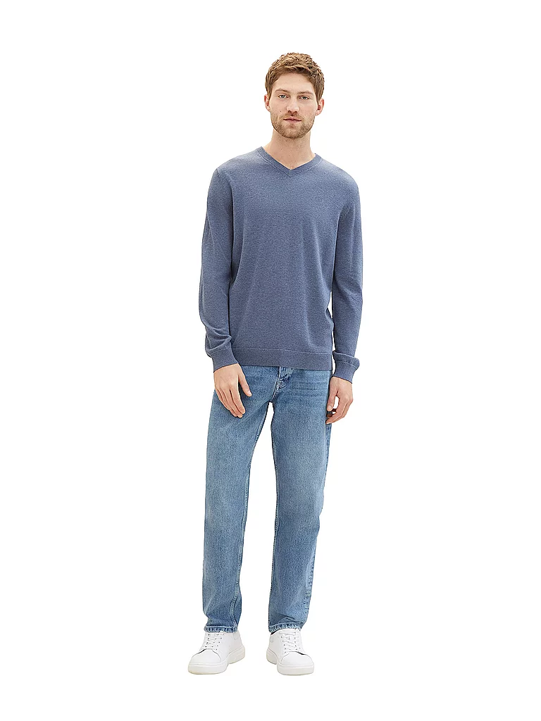 Tom Tailor Pull à Col En V 1038427 Basic Knit Vintage Indigo Blue Melange L Homme 2